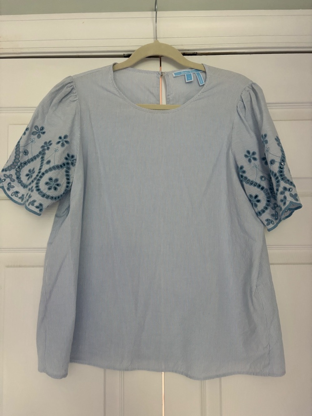 Draper James Light Blue Striped Top with Blue Embroidered Sleeves